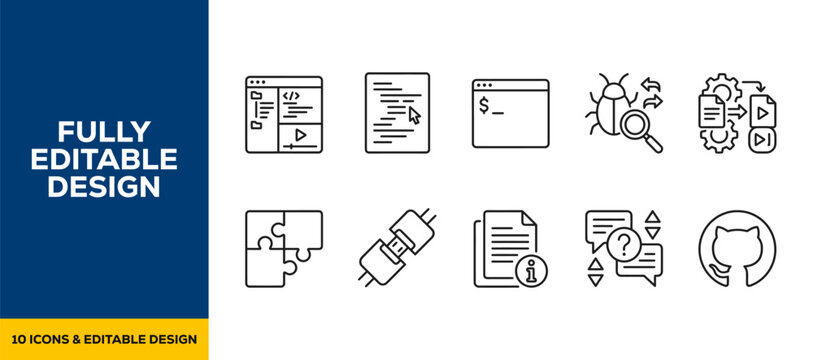 Software engineering backend coding flat line art vector icon bundle illustration design for IT development program computer web script and digital technology service