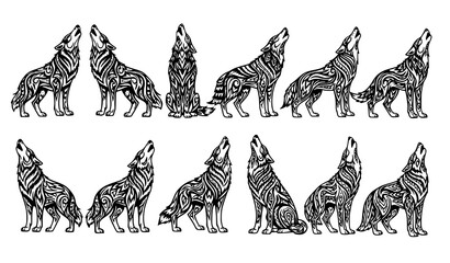 Howling Wolf Collection Vintage Engraving Style Animal Vector Set © Shakib