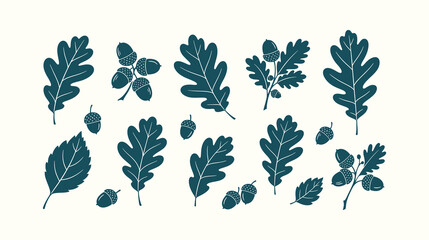 Set of Dark Teal Oak Leaf and Acorn Silhouettes on Cream Background. Botanical Vector Illustration. © Tajul