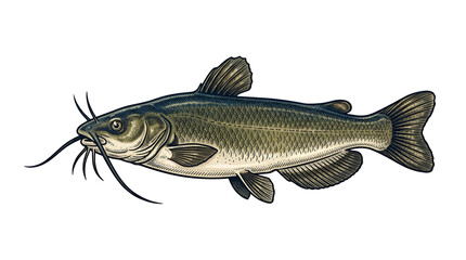 Fototapeta premium Vintage catfish clipart with detailed artistic etching and whiskers