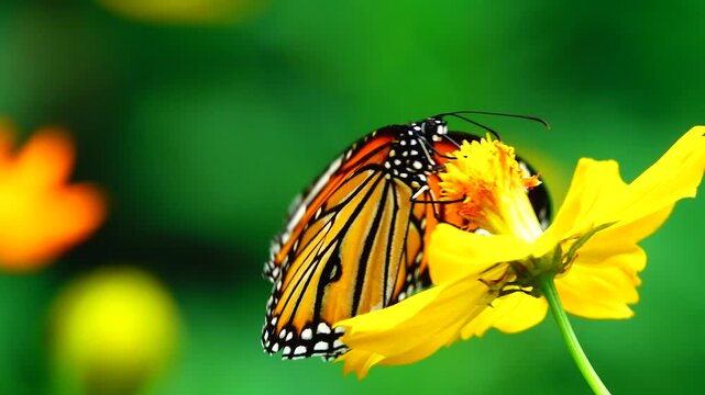 Close-up of a butterfly feeding on a small wildflower, showing delicate wings and fine details against a soft green background, capturing calm natural behavior and vibrant outdoor life.