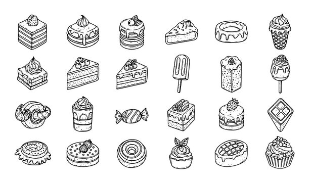 Assorted Sweet Cakes Pastries and Dessert Icons Vector Set