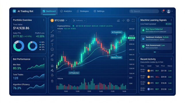 Ai trading bot dashboard displays market trends