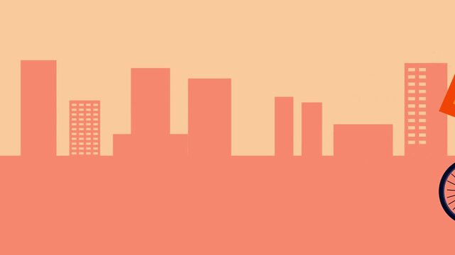Courier wearing a face mask rides a red bicycle through a pink city skyline during a delivery run.