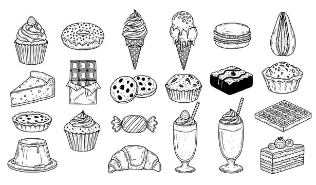 Ice Cream Cake Cookie and Dessert Outline Vector Collection