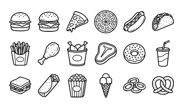 Burger Pizza Fries and Fast Food Outline Icon Set