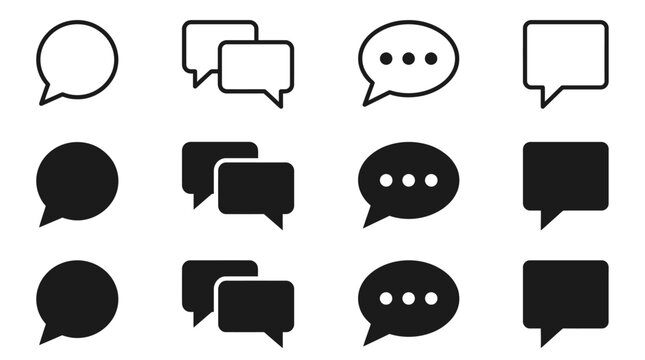 Comprehensive collection of chat speech bubbles and messaging icons featuring outline and filled styles for interface communication, mobile apps, digital feedback, and social talk pictograms.