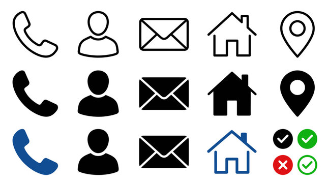 Modern Vector Contact Us Icon Collection Featuring Minimalist Outline and Solid Symbols for Phone User Mail Home Location Web Interface Design Communication Navigation UI Elements