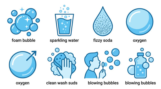 Transparent blue soap bubbles and foam icon set. Sparkling water droplets and fizzy soda sign. Oxygen sphere pictogram for clean wash suds. Abstract liquid moisture and air vector illustration.