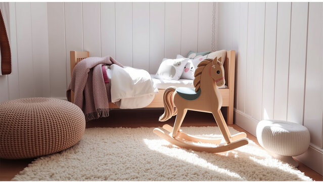 Cozy children's room. Wooden horse standing on the floor near the bed