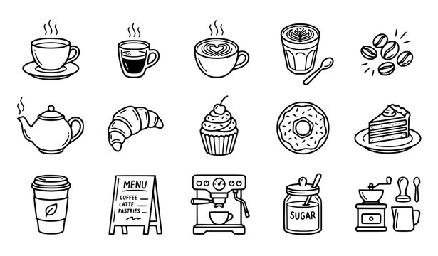 Coffee Shop and Bakery Food Doodle Icon Set