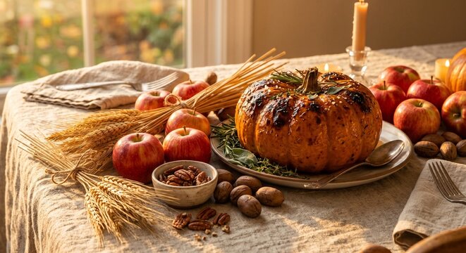 Beautifully Detailed Thanksgiving Harvest Table with Roasted Pumpkin, Red Apples, and Dried Wheat
(구운 호박, 붉은 사과, 말린 밀이 있는 아름답고 상세한 추수감사절 수확 테이블)