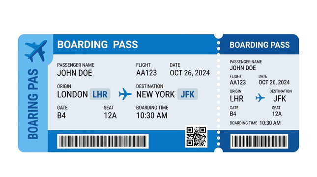 Blue Airline Boarding Pass Vector Illustration Blank Flight Ticket Template for International Travel Departure Document Design with Barcode and Seat Information on Isolated Background