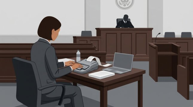 Court stenographer typing in a courtroom with a judge and furniture present