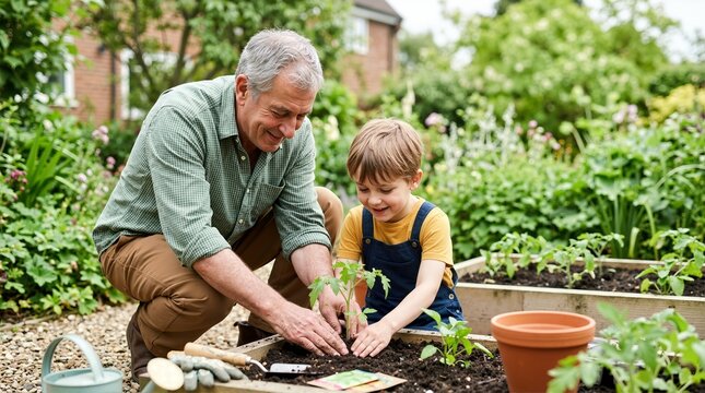 Grandpa showing child how to plant a seedling in a raised garden bed. Senior man and grandson gardening together in backyard. Intergenerational bonding and sustainable lifestyle concept