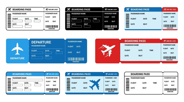 Professional boarding pass vector illustration featuring air plane ticket template with airline flight pass concept in blue and red departure document design for blank travel identity