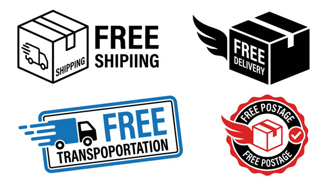 Free shipping label and delivery vector illustration featuring a transportation icon for packaging shipment emblem on cardboard box postage stamp design isolated on a white background
