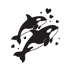 Two Swimming Orca Killer Whales Surrounded by Love Hearts Vector Design. © shahariea