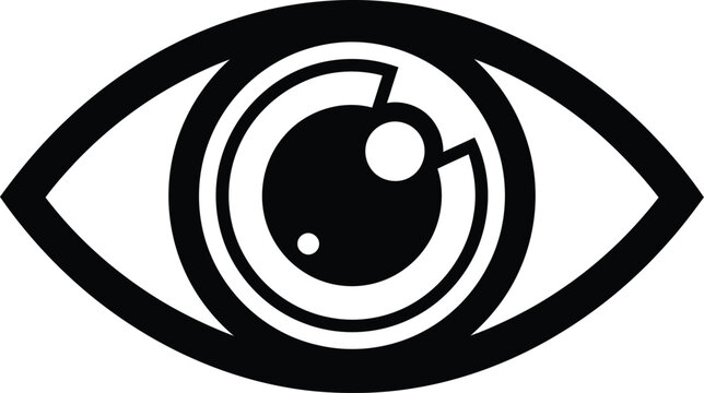 Stylized black and white illustration of a human eye with a concentric circular iris pattern representing vision and sight