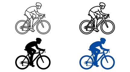 Fototapeta premium Collection of minimalistic bicyclist icons featuring men riding bicycles in various poses. Vector line illustration of urban transport, professional racing, and healthy lifestyle symbols on white.