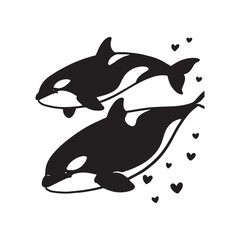 Fototapeta premium Two Swimming Orca Killer Whales Surrounded by Love Hearts Vector Design.