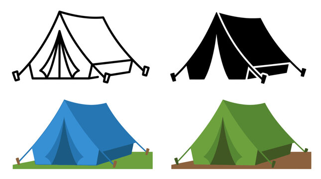 Extensive Collection of Camping Tent Icons and Hiking Camp Vector Illustrations Featuring Various Campground Symbols Shelter Signs and Outdoor Equipment Elements Isolated on a White Background