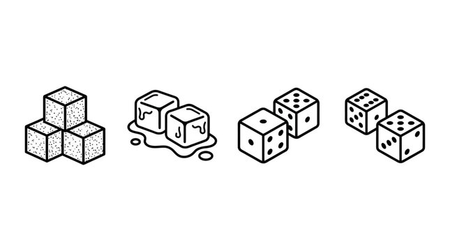 Minimalist geometric sugar cube collection featuring ice block vector illustrations and linear square dice outline symbols isolated on a clean white background for graphic design.