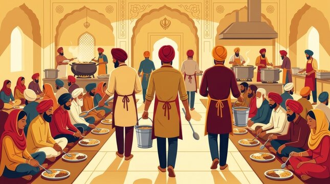 Sikh langar community kitchen with people serving and enjoying food together