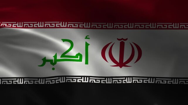 Waving combined flag of iran and iraq with national emblems and arabic calligraphy moving in cinematic motion video for geopolitical concepts.
