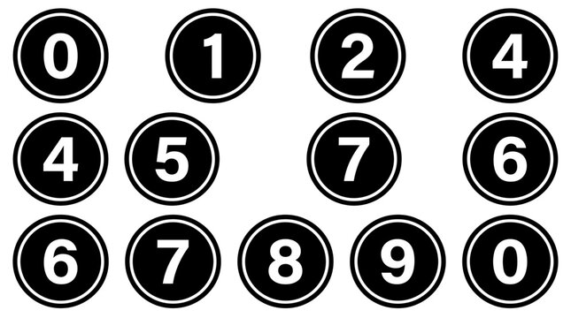 Minimalist black circular number buttons set for mobile phone user interface design featuring bold digit icons zero to nine isolated for web applications and counting system navigation layout