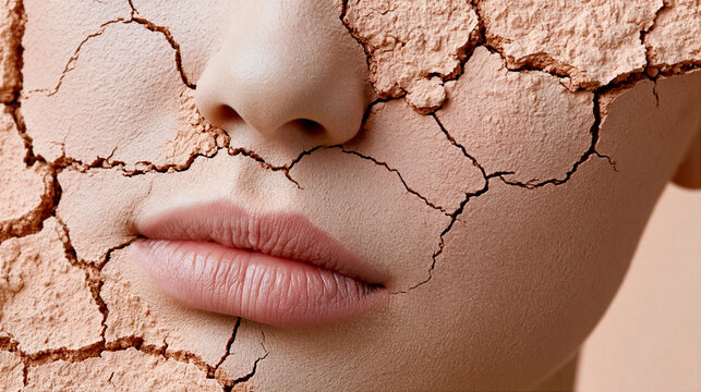 Woman with cracked skin texture on face. Surreal portrait representing drought, dehydration, and environmental change. Conceptual art of dry earth clay mask for skincare advertising.
