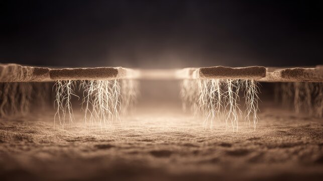 Detailed microscopic view depicts illuminated root structures penetrating a dense substrate layer
