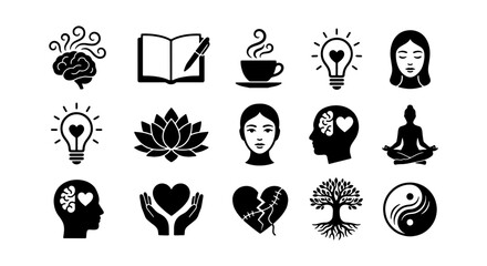 Mindfulness Icons Set: Brain, Book, Coffee, Lightbulb, Woman, Lotus, Meditation, Yin Yang, Tree of Life, Heart © Kamrul
