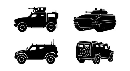 Military Vehicles Vector Icons, Armored Cars and Tanks Silhouette Collection, Modern Warfare Transportation Set © Kamrul