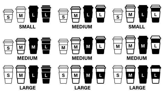 Minimalist Cup Size Icon Set Featuring Small Medium Large and Mini Drink Containers with Lids for Cafe Menu Navigation Beverage Volume Options and Hot Coffee Ordering Symbols Vector Illustration