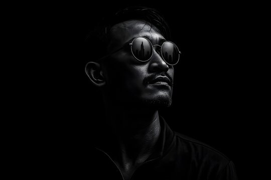 Portrait of a cool man in sunglasses with urban skyline reflection