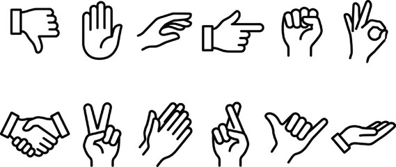 Fototapeta premium Minimalist hand gesture line art vector icon set featuring thumbs down handshake victory fingers crossed and okay signs