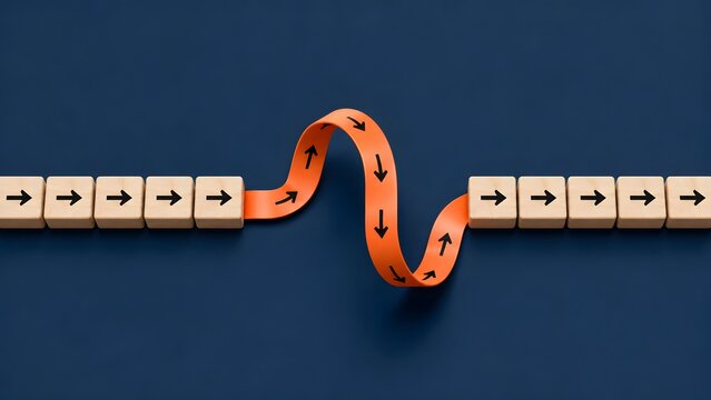 Orange curved arrow jumping over gap between wooden blocks representing business innovation shortcut and overcoming obstacles strategy