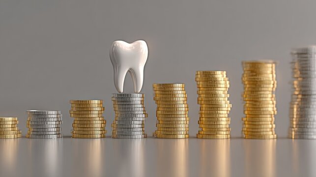 Illuminated molar resting atop stacks of ascending currency representing financial growth and dental expense