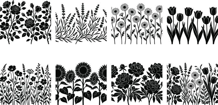 Black silhouette floral borders and seamless flower pattern dividers collection featuring roses lavender daisies tulips sunflowers and wildflowers