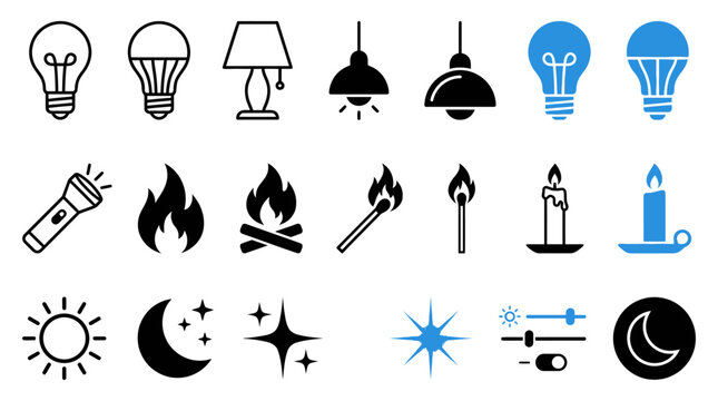 Comprehensive collection of lighting icons and illumination symbols including editable vector pictograms for bulb lamp fire flashlight sparkle brightness darkness and nocturnal night design.