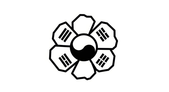Korean Culture - Taegukgi Flag Symbol Flower Design with Yin Yang Center and Trigram Petals Black White Icon