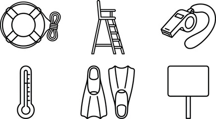 Minimalist beach lifeguard and water safety line art icon set featuring lifebuoy chair whistle thermometer and flippers vector © MSTSULTANA
