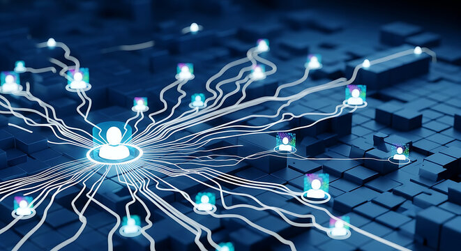 Digital network connection with a central hub and multiple user nodes, representing global communication, social media, data exchange, and artificial intelligence connectivity