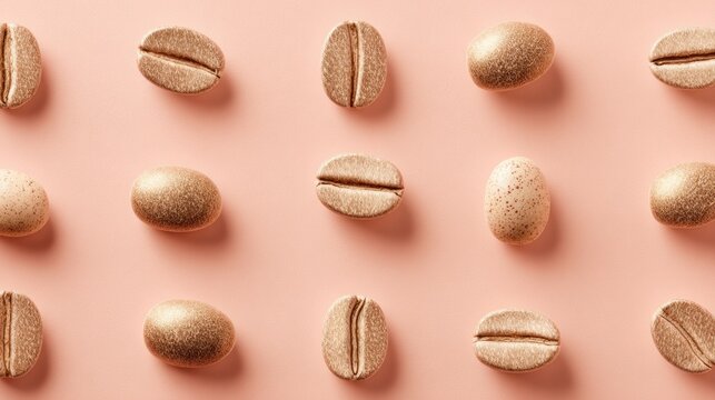 Repeating pattern of metallic brown coffee beans displayed on a soft pink background