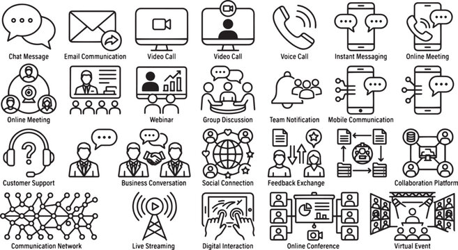 Digital Communication Vector Icon Set &ndash; Chat, Email, Video Call and Online Meeting Line Icons Collection
