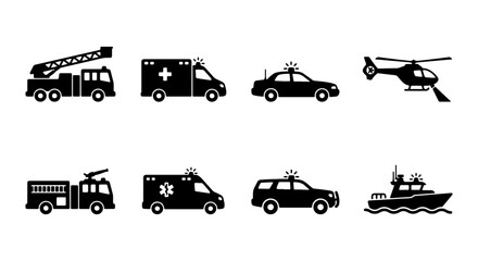 Emergency Service Vehicle Icons Set: Fire Truck, Ambulance, Police Car, Helicopter, Boat Vector Graphics © Rifat