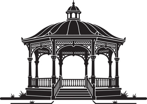 Ornate Victorian Gazebo Silhouette, Classic Outdoor Pavilion Vector, Elegant Garden Structure, Decorative Park Shelter, Black and White Architectural Element