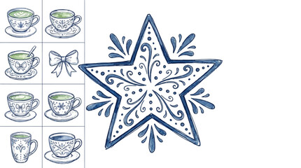 Obraz premium Elegant Decorative Inky Blue Star Doodle Hand Drawn Illustration with Artistic Splatter Textures Isolated on White Background for Minimalist Graphic Design Element Projects