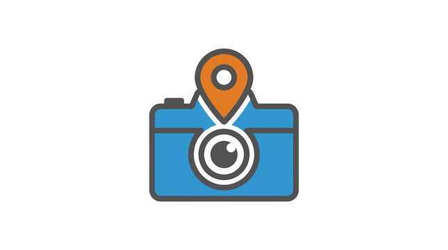 Blue camera with orange location pin.